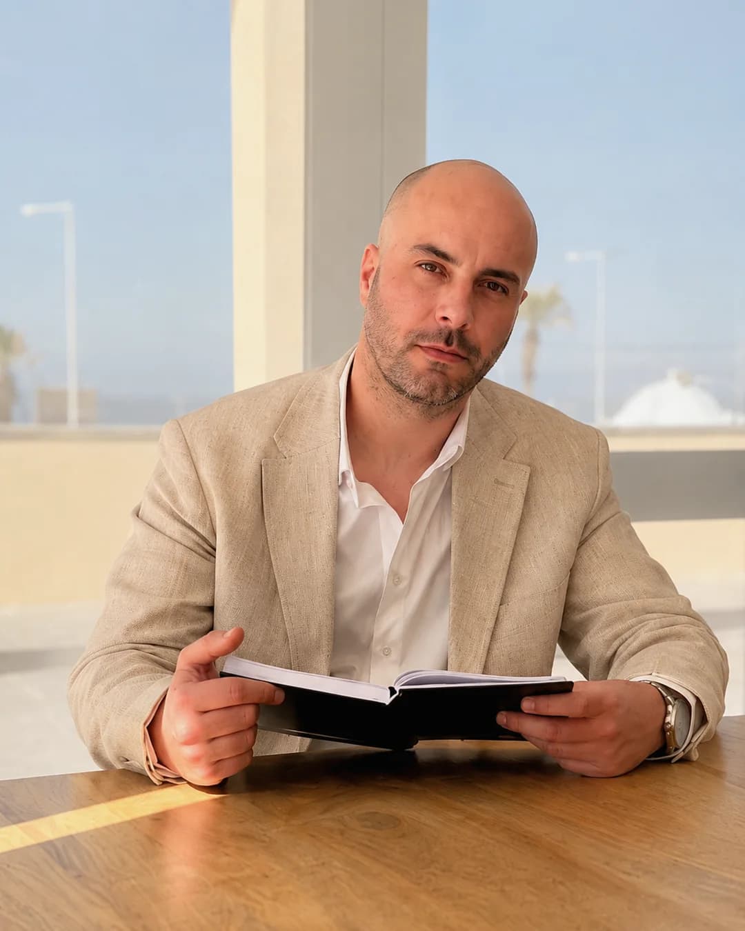Mauro Leitão sentado à mesa a analisar um caderno